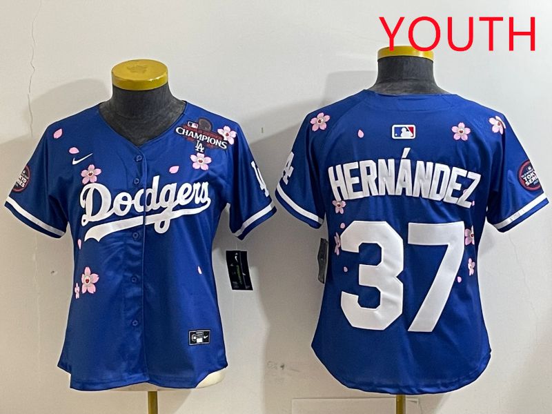 Youth Los Angeles Dodgers #37 Hernandez Blue Sakura Edition 2025 Nike MLB Jersey style 5->youth mlb jersey->Youth Jersey